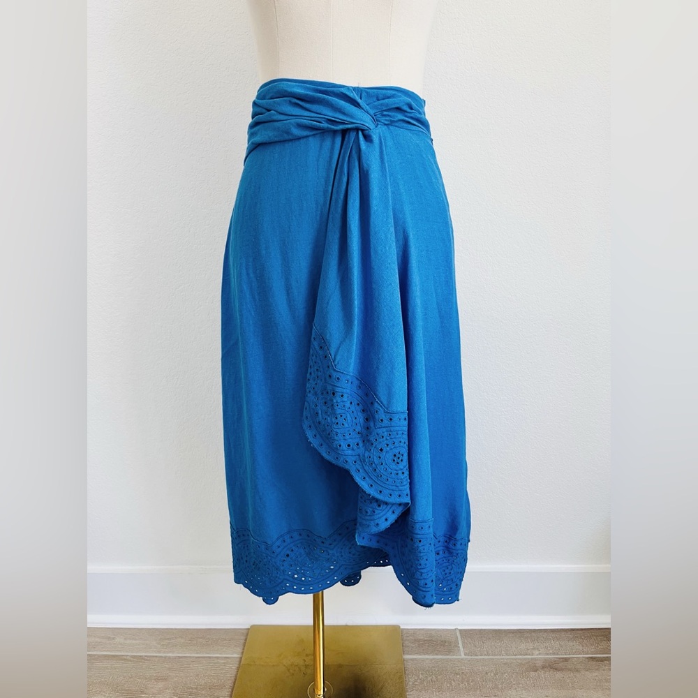 JASON WU Royal Blue High-Rise Linen Blend Knot Waist Midi Skirt